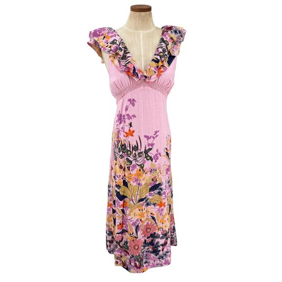 Anthropologie Floral Maxi Dress Ruffles Linen Cotton Pink Size Large Petite - Picture 1 of 8